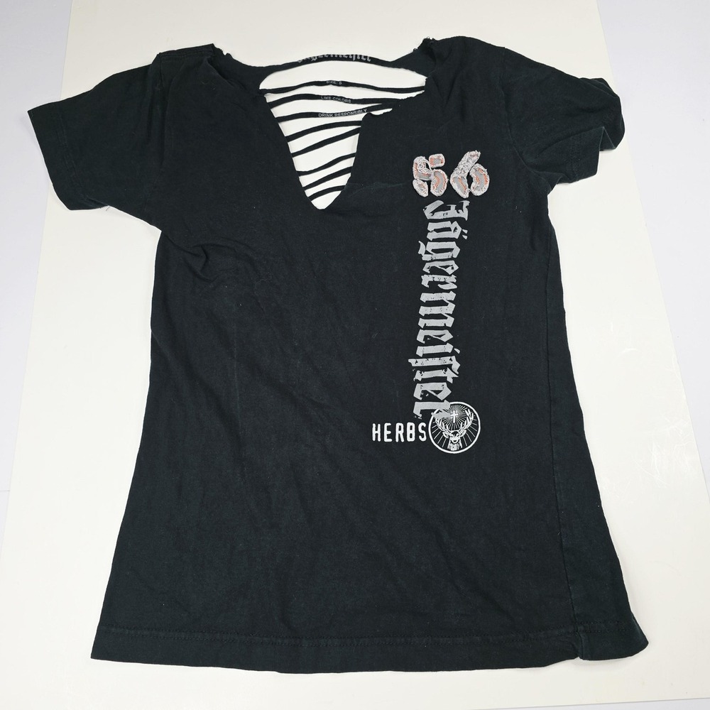 Jagermeister Shirt Womens Small Black Cutout Distressed Graphic Tee Festival Top